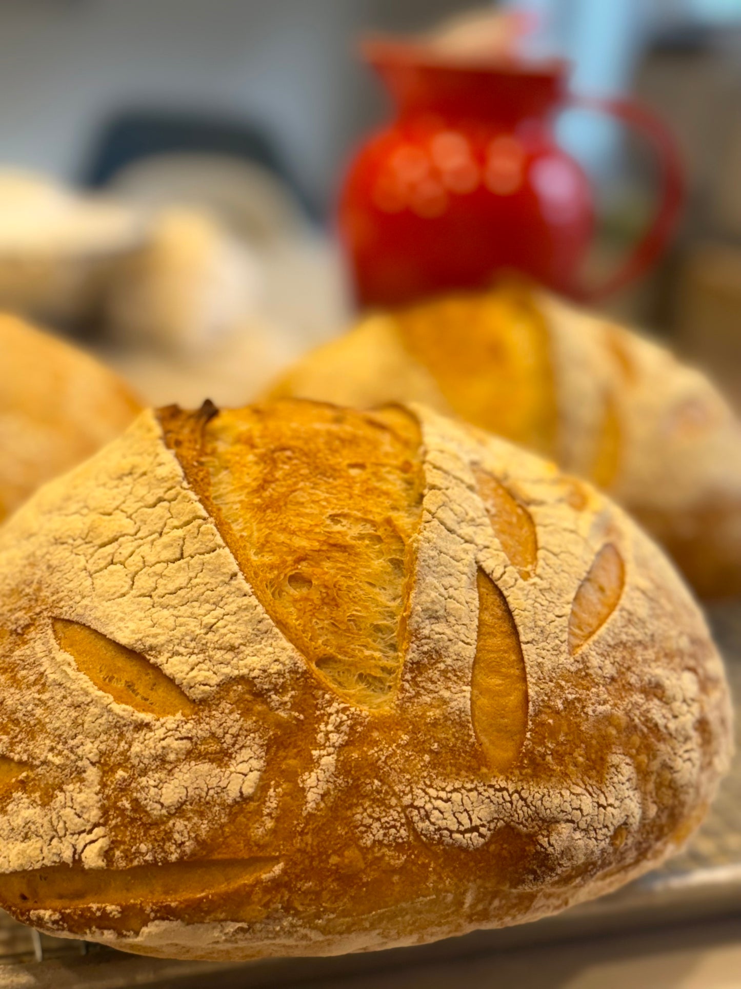 Close-up of a loaf of Crescent Bakes Sourdough bread with a blurred background